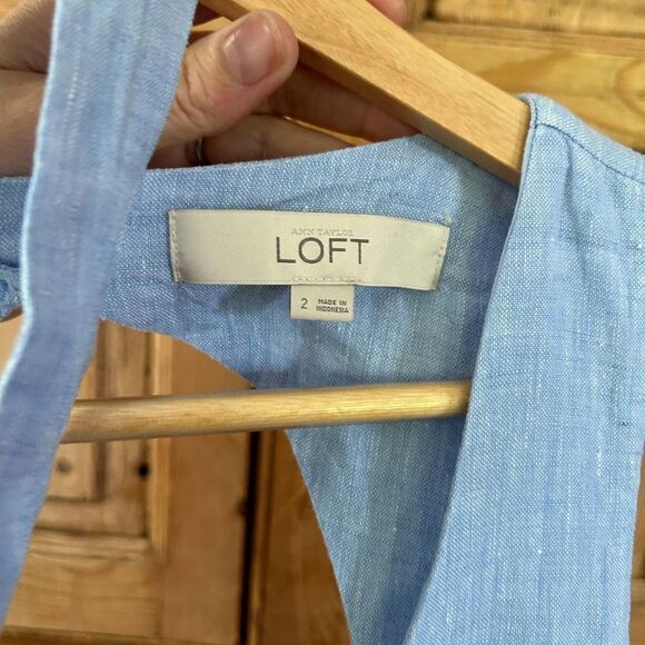 Ann Taylor LOFT Size 2 Blue Linen‎ Tank Dress Open Back Classic Pockets Belted - Picture 10 of 11